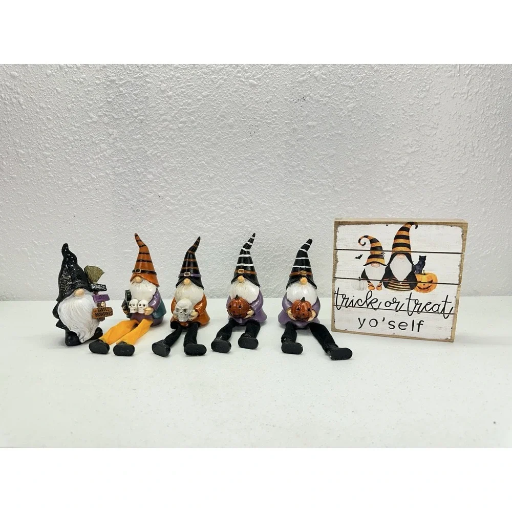 Halloween Gnome Decor Lot 6 Witch Gnomes Dangly Legs Pumpkins Skulls